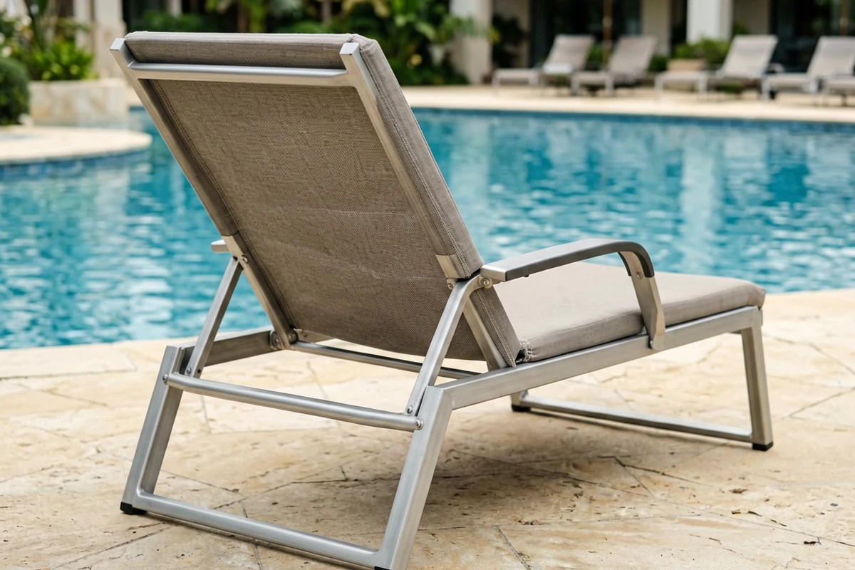 Modern aluminum frame pool lounge chair with beige fabric sling on stone patio beside resort swimming pool
