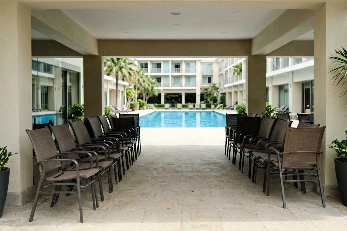 Rows of durable brown woven outdoor chairs arranged on a tiled patio overlooking a resort swimming pool.