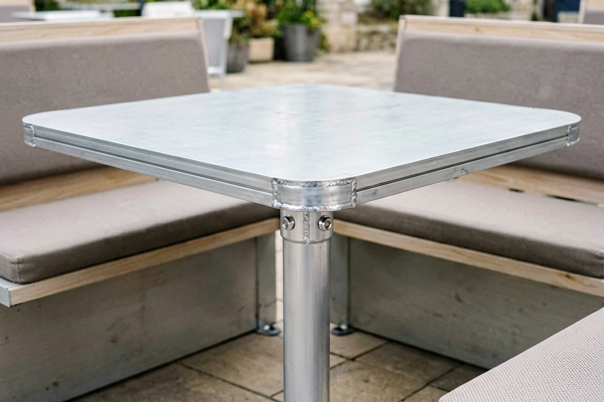 Close-up of a galvanized steel square table with a central pedestal base, situated between two cushioned wooden benches in an outdoor patio setting.