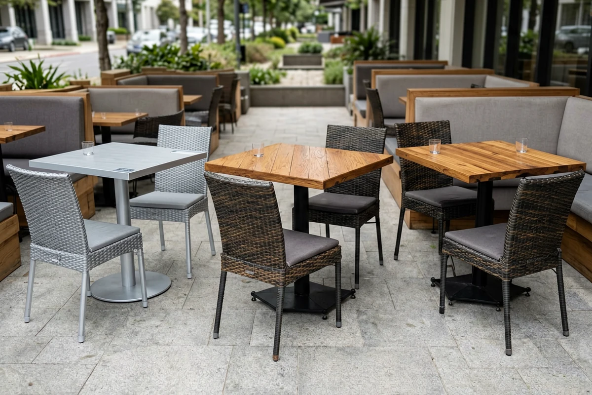 A row of modern outdoor restaurant furniture featuring wooden and metal tables paired with woven wicker chairs on a paved patio.