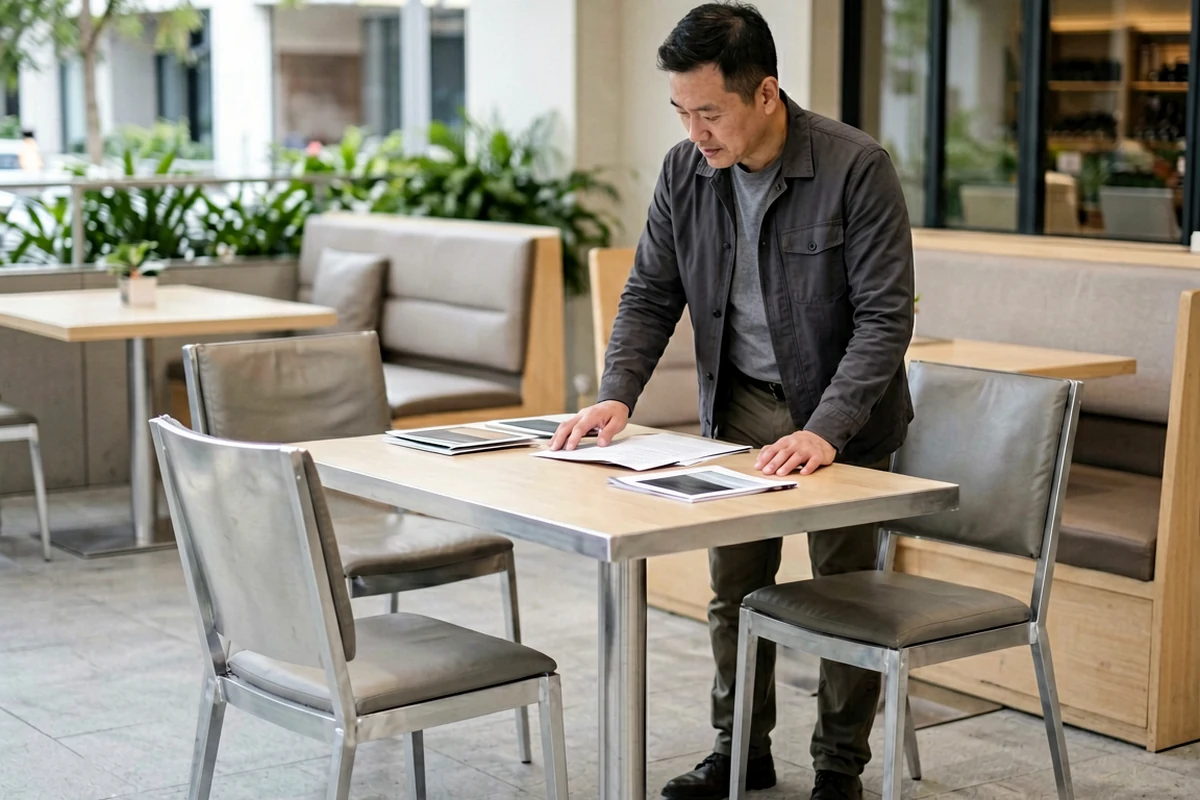 A man reviewing documents on a modern commercial dining table in an outdoor restaurant setting.