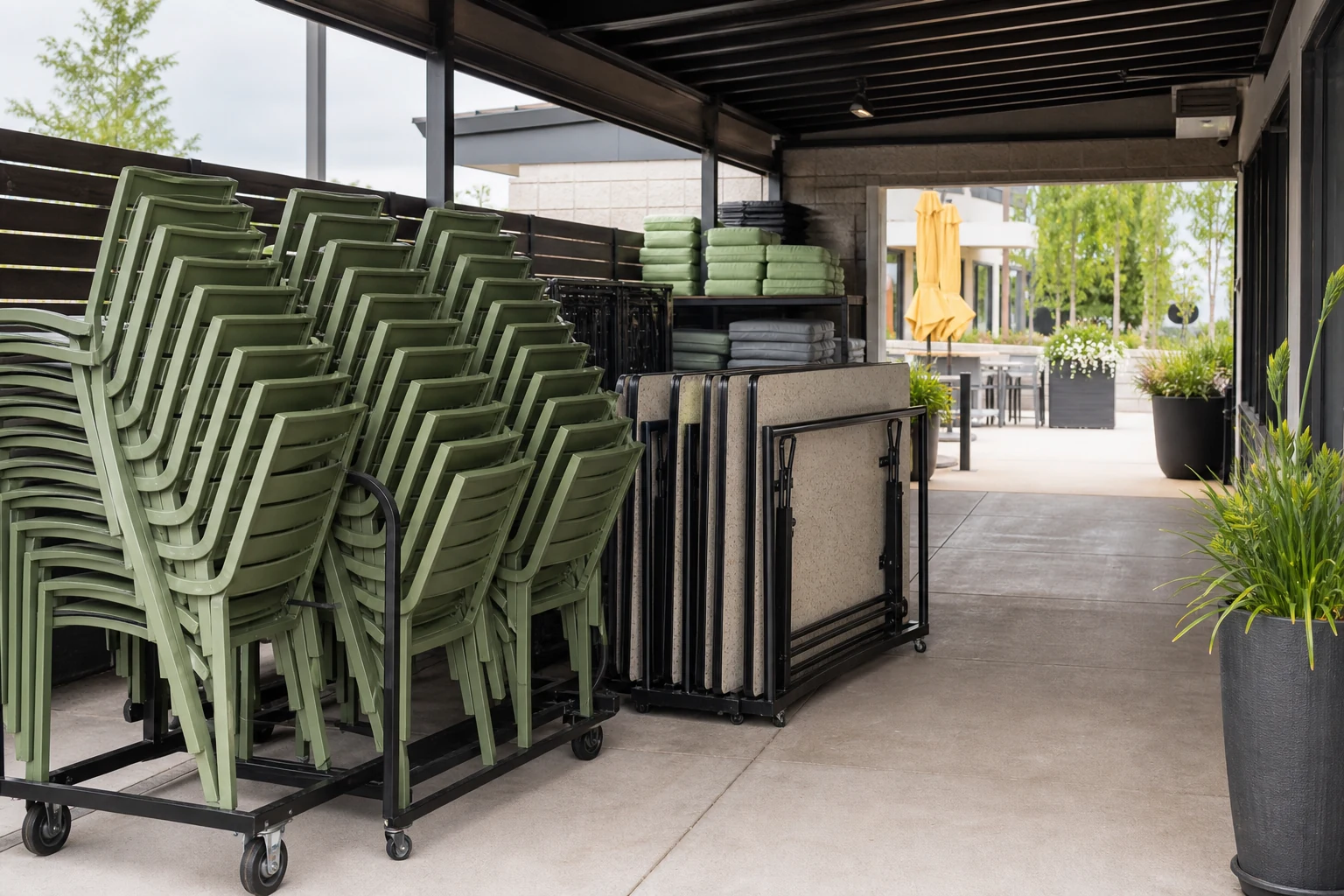 Outdoor restaurant furniture stored for service with stackable chairs, folding tables, and a clear route to the terrace.
