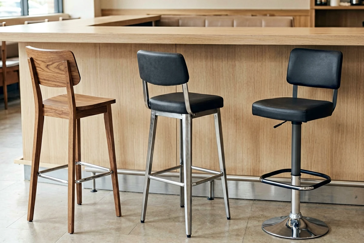 Three different styles of commercial bar stools lined up at a wooden counter: a wooden backrest stool, a chrome metal frame stool with black upholstery, and an adjustable height stool with a chrome base.