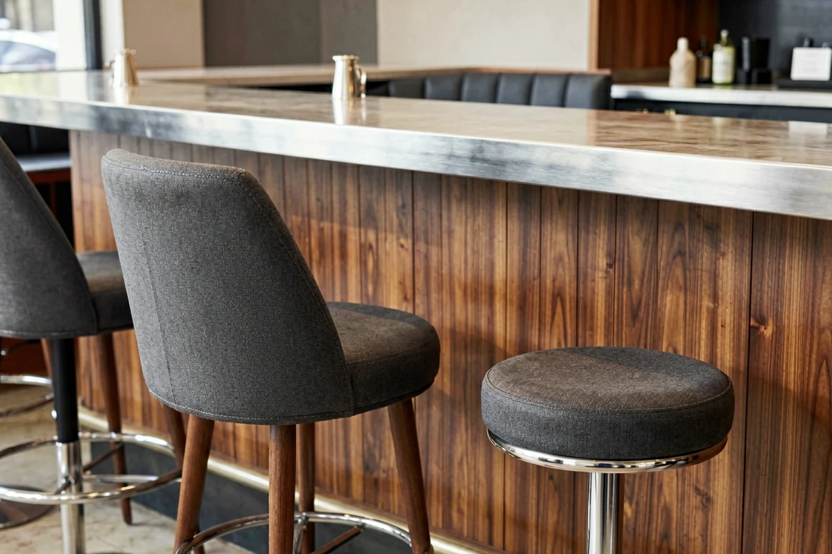 A selection of modern bar stools with grey upholstery and wooden legs arranged in front of a polished wood-paneled bar counter.