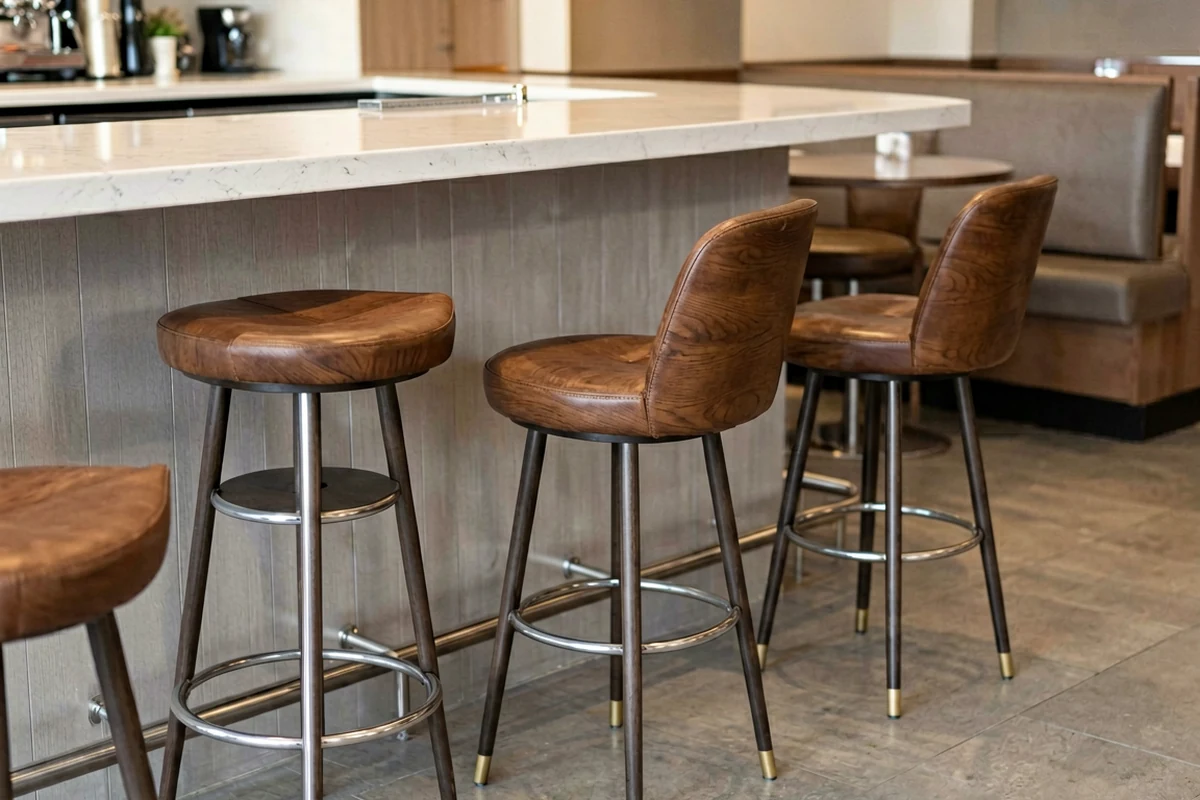 A row of modern wooden bar stools with metal legs and footrests lined up against a marble-topped counter in a restaurant setting.