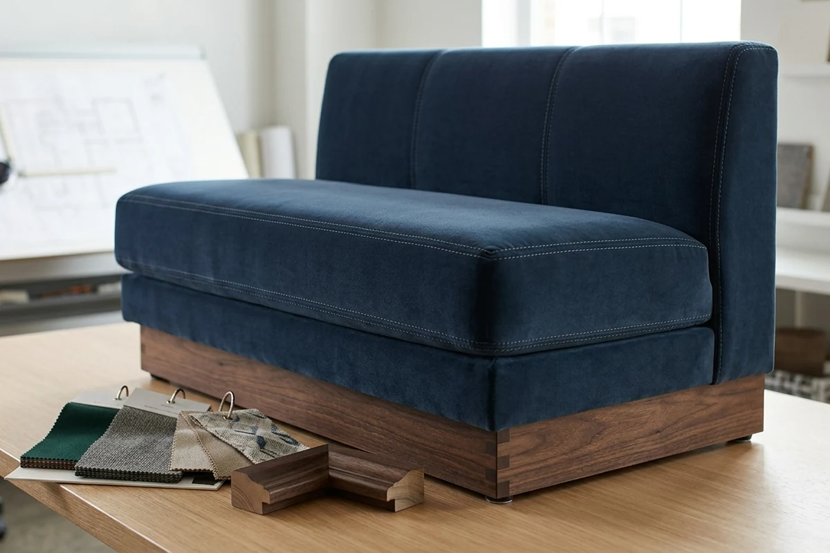 Close-up of a modern navy blue velvet restaurant booth with a dark wood base, displayed on a table alongside fabric swatch samples and wood trim pieces.