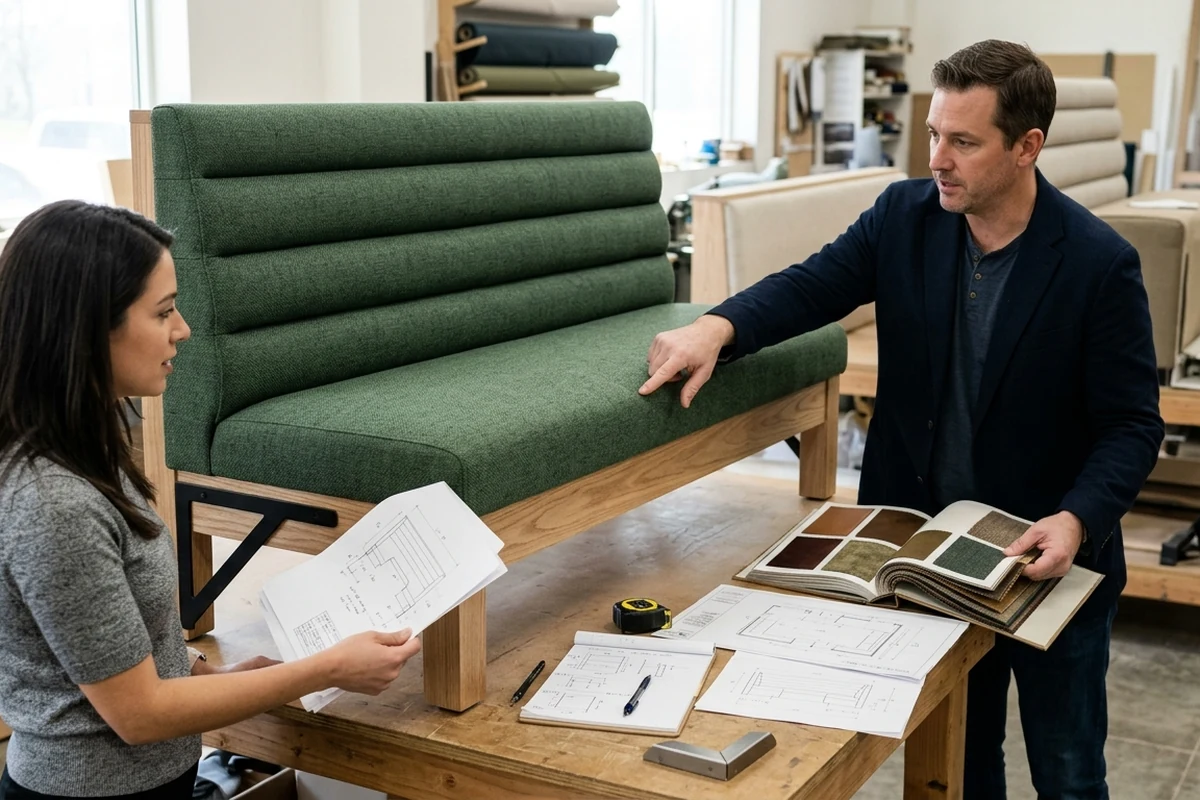 Two designers reviewing a green custom restaurant booth prototype with fabric swatches and technical blueprints on a workbench.