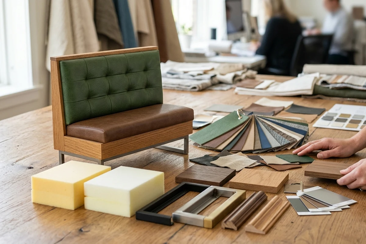 A realistic workspace scene showing a custom restaurant booth mockup surrounded by material samples including leather swatches, wood finishes, foam blocks, and metal frames on a wooden table.