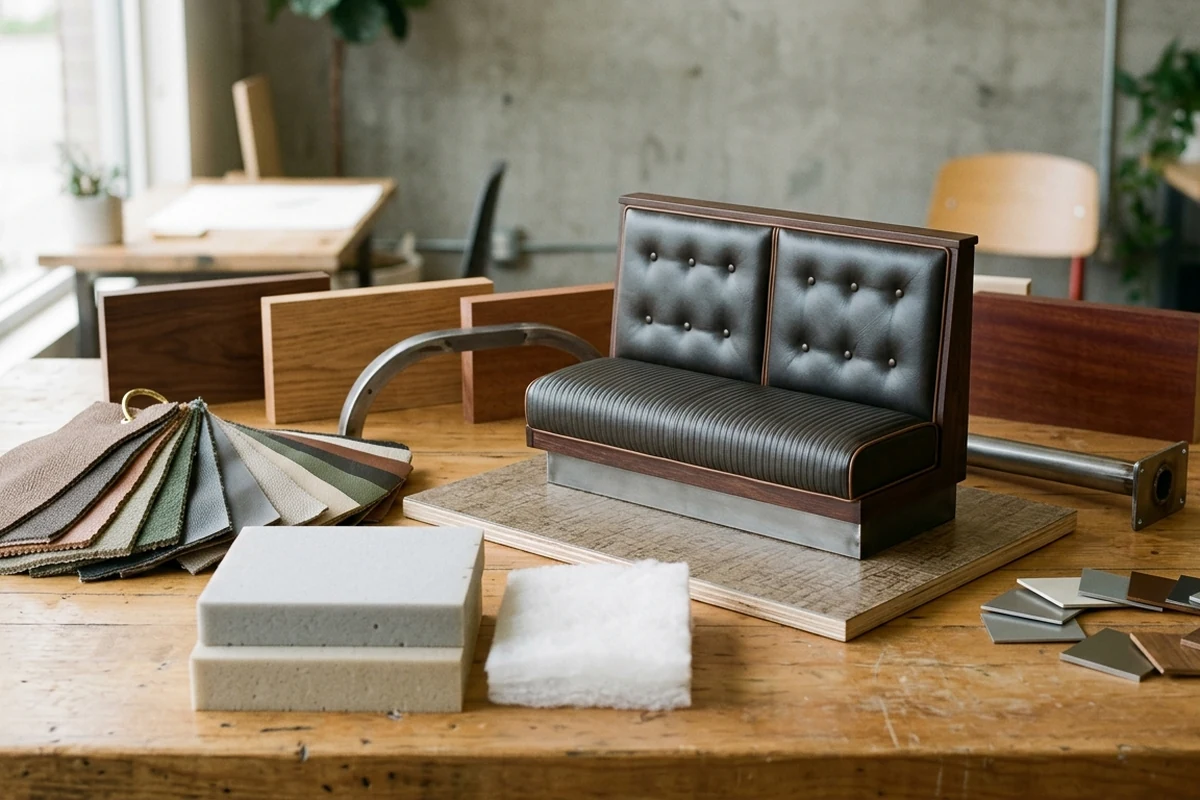 A restaurant booth mockup is displayed with upholstery, foam, wood, and metal component samples on a workbench.