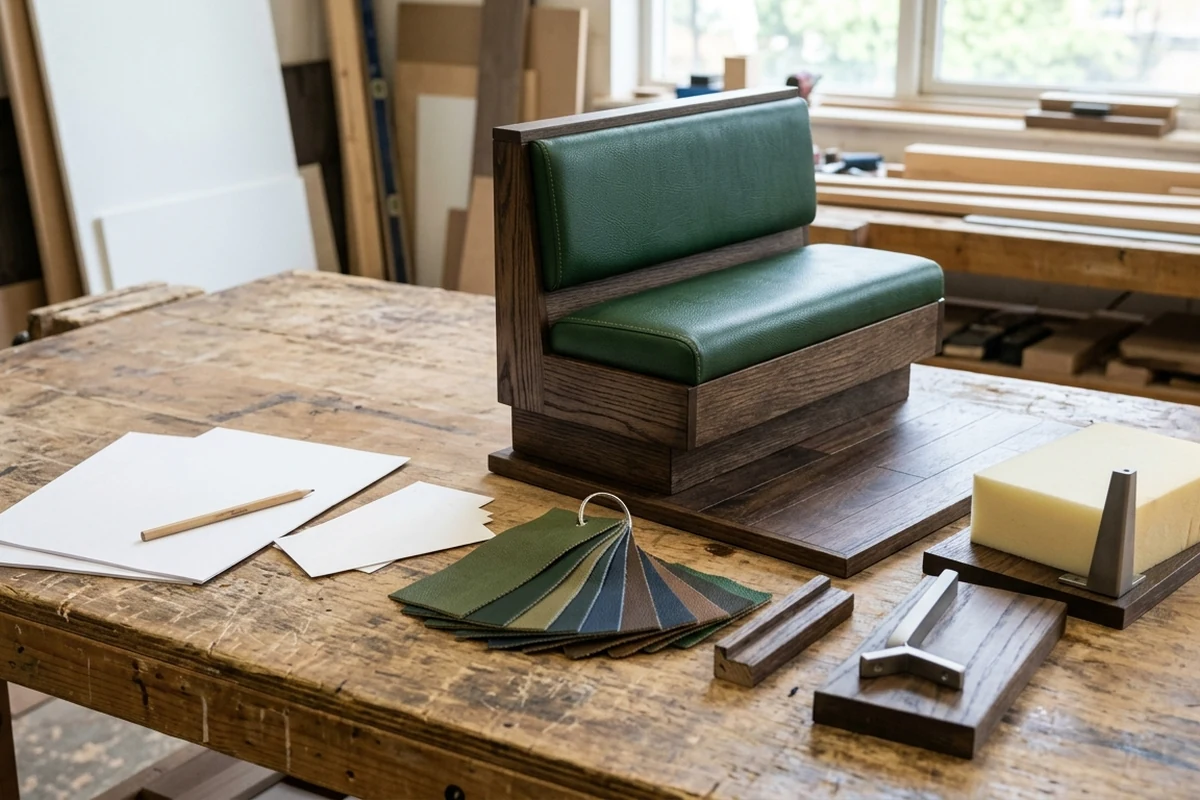 A detailed wooden mockup of a custom restaurant booth with green leather upholstery sits on a workbench surrounded by fabric swatches, foam blocks, and design sketches.