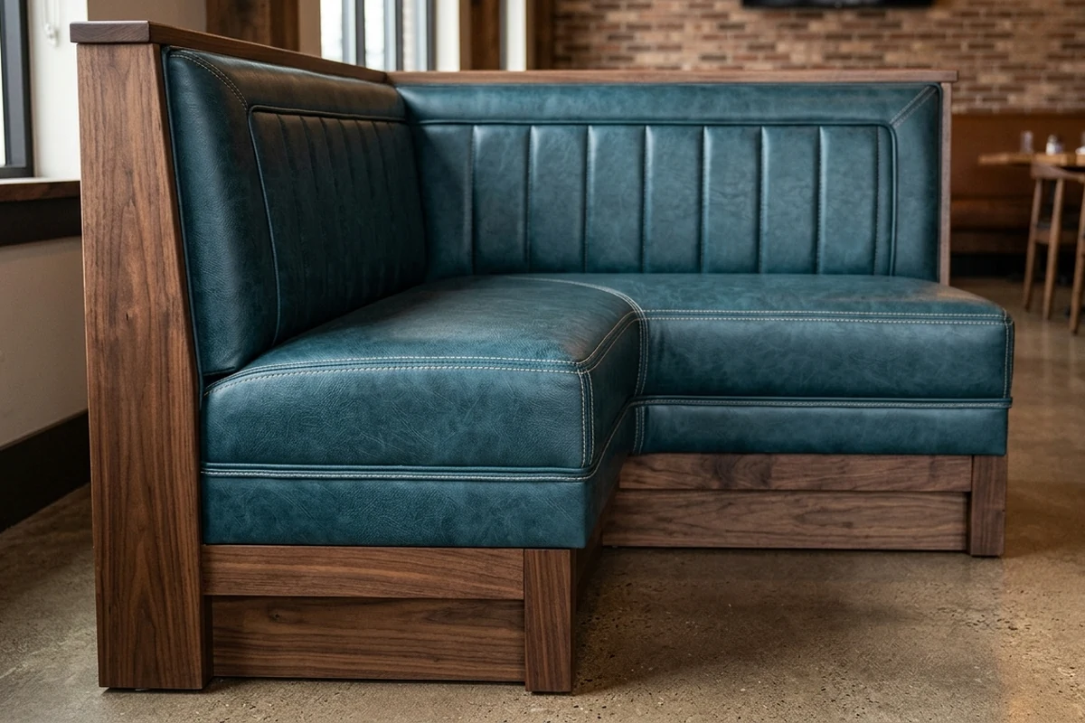 High-quality teal leather restaurant booth with walnut wood frame, showcasing durable commercial seating suitable for hospitality venues.