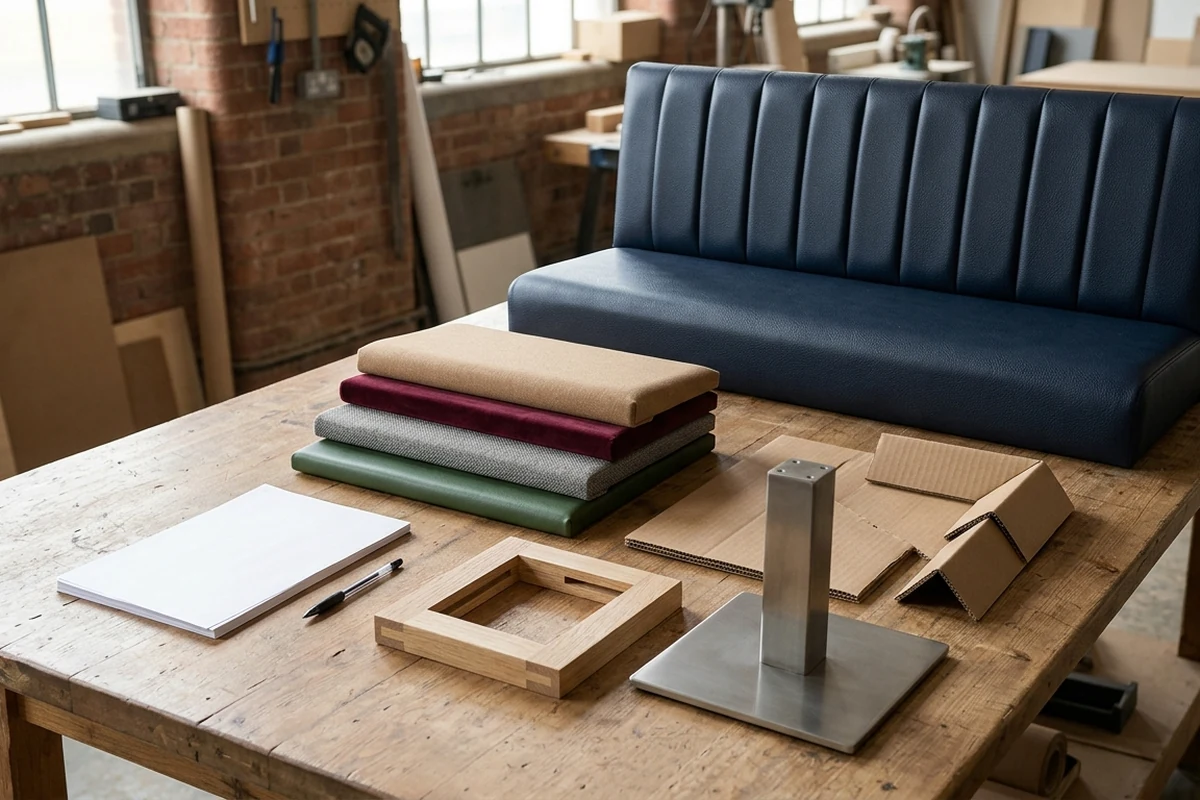 A wooden workbench displaying fabric swatches, a metal leg prototype, cardboard mockups, and a finished blue leather restaurant booth, illustrating the production process for custom hospitality furniture.