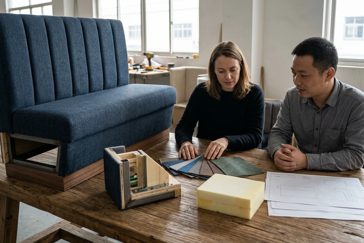 Two designers reviewing fabric swatches and foam samples next to a cutaway model of a blue restaurant booth on a wooden workbench.