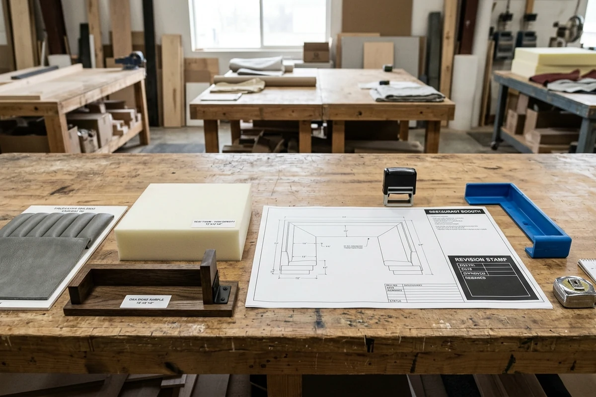 A detailed view of a restaurant booth manufacturing workshop table displaying technical blueprints, foam density samples, wood finish swatches, and tools, illustrating the custom production process.