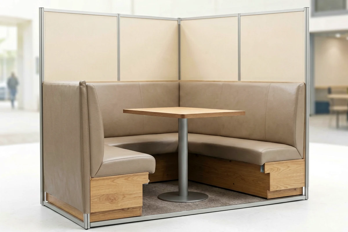 Modern L-shaped restaurant booth seating with beige upholstery and wood base, featuring a central pedestal table and privacy screens.
