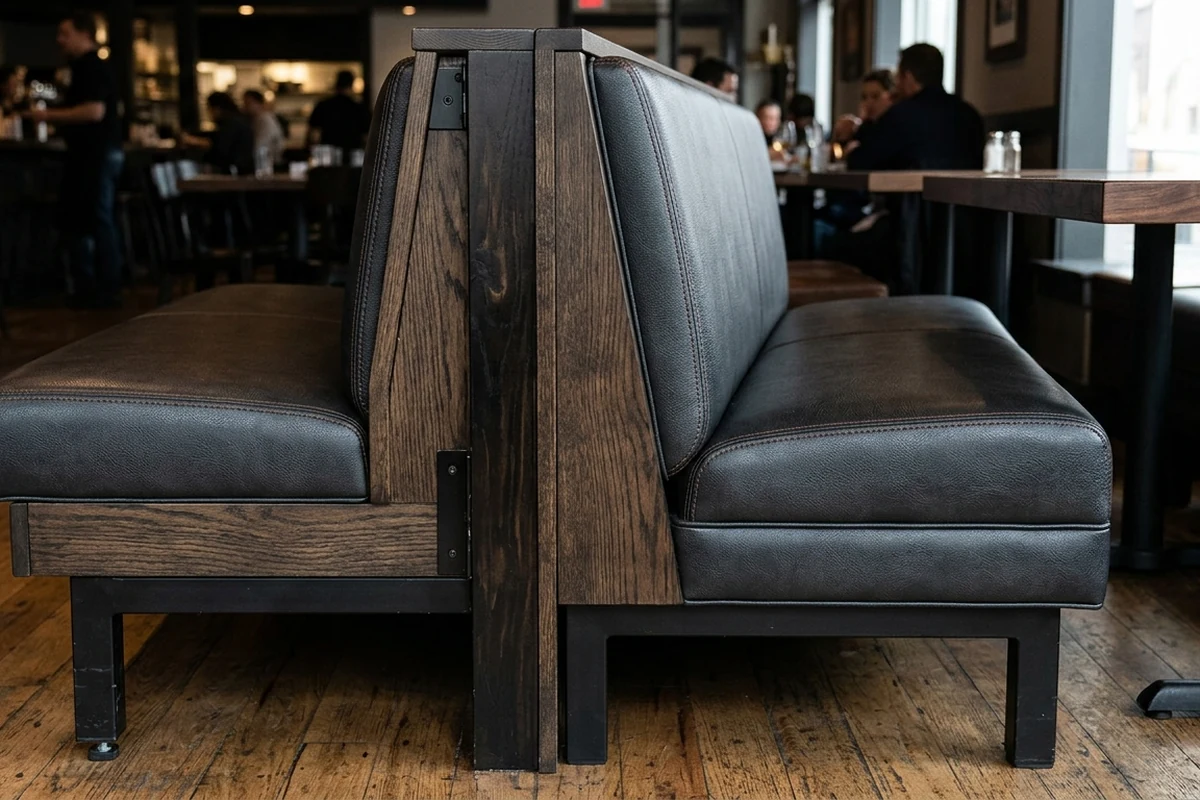 Two back-to-back restaurant booths show upholstered seats, wood framing, metal supports, and floor contact points.
