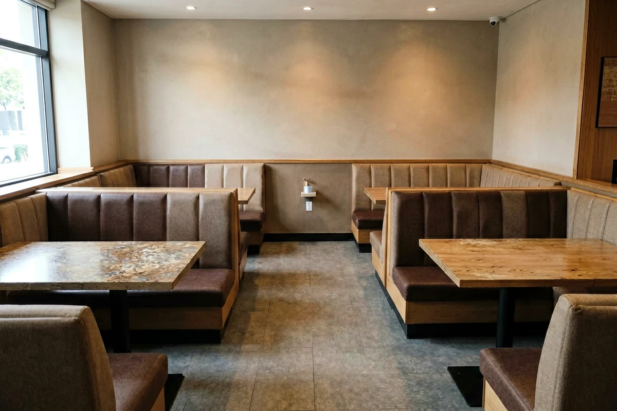 Empty restaurant dining area featuring multiple booth seating arrangements with wooden tables and upholstered benches, illustrating standard layout and dimensions.