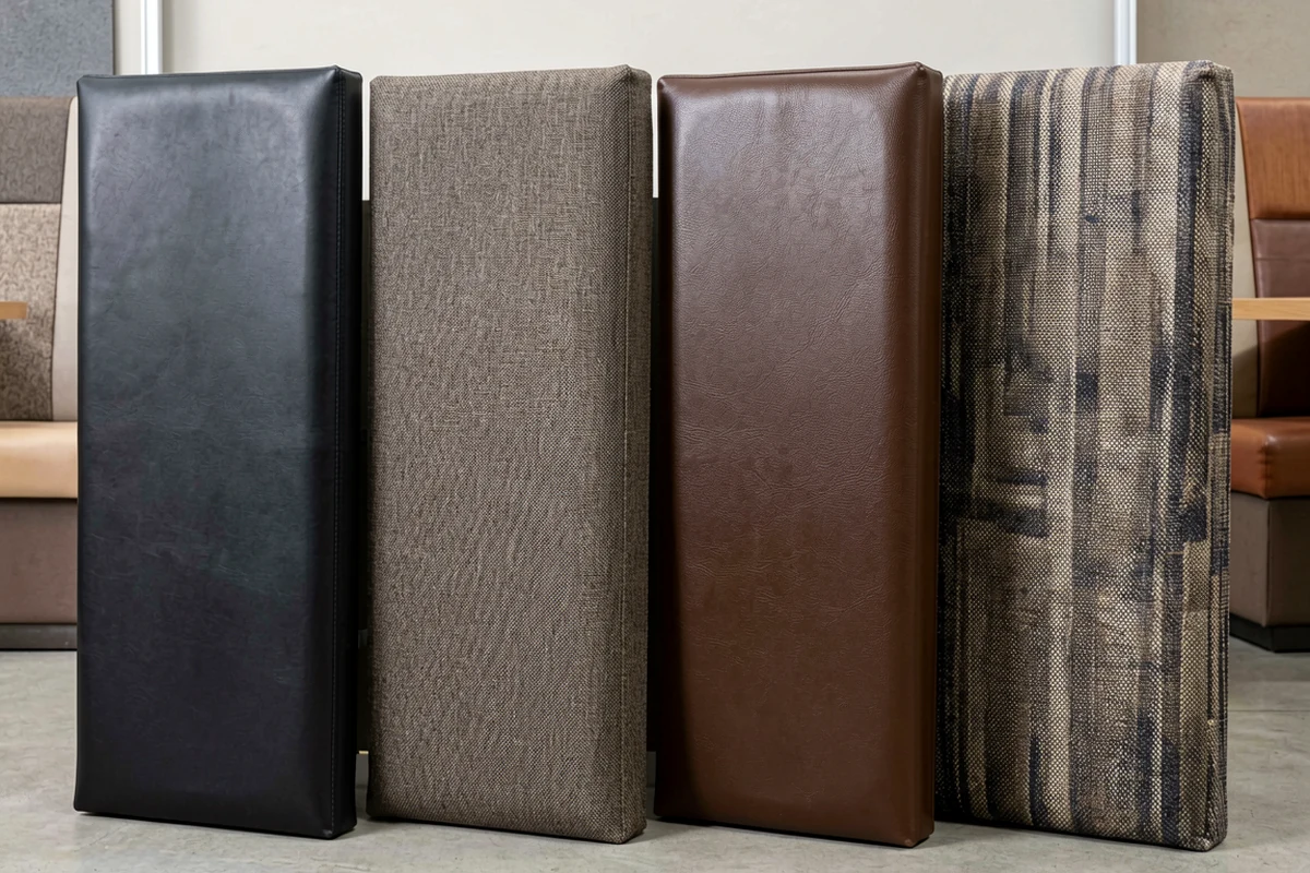 Four rectangular samples of restaurant booth upholstery materials standing upright on a floor, displaying black vinyl, grey woven fabric, brown leather-look vinyl, and a patterned textured fabric.
