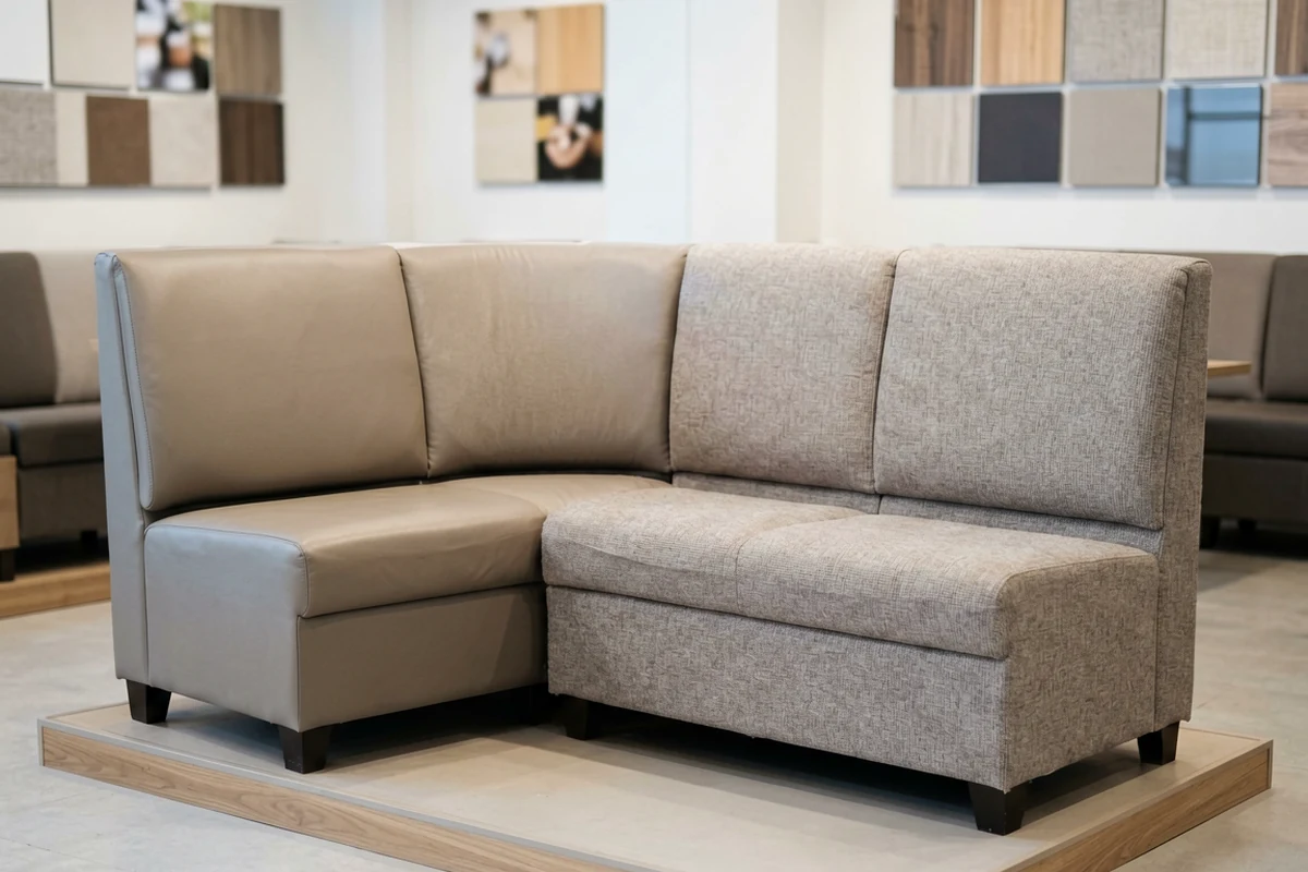 A modern L-shaped restaurant booth featuring a split design with smooth leather on the left and textured fabric on the right, displayed in a showroom with material swatches on the wall.