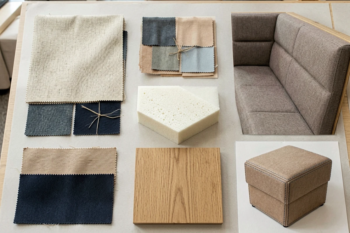 Flat lay of hospitality upholstery material samples including fabric swatches, foam cushioning, wood veneer, and photos of finished booth seating.