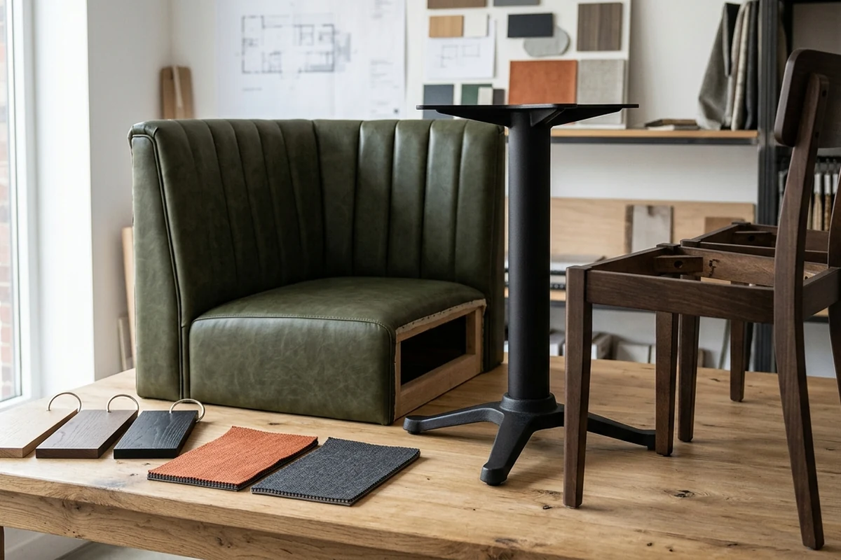 Green leather restaurant booth and wooden chair frame on a workbench surrounded by fabric and wood material samples.