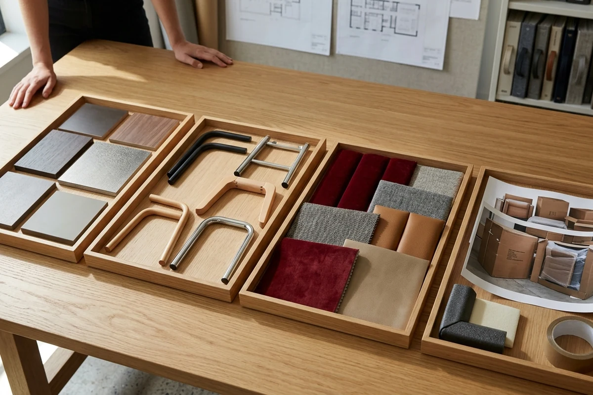 A designer's table displaying wooden trays filled with various material samples including wood veneers, metal legs, fabric swatches, and leather pieces for restaurant furniture manufacturing.