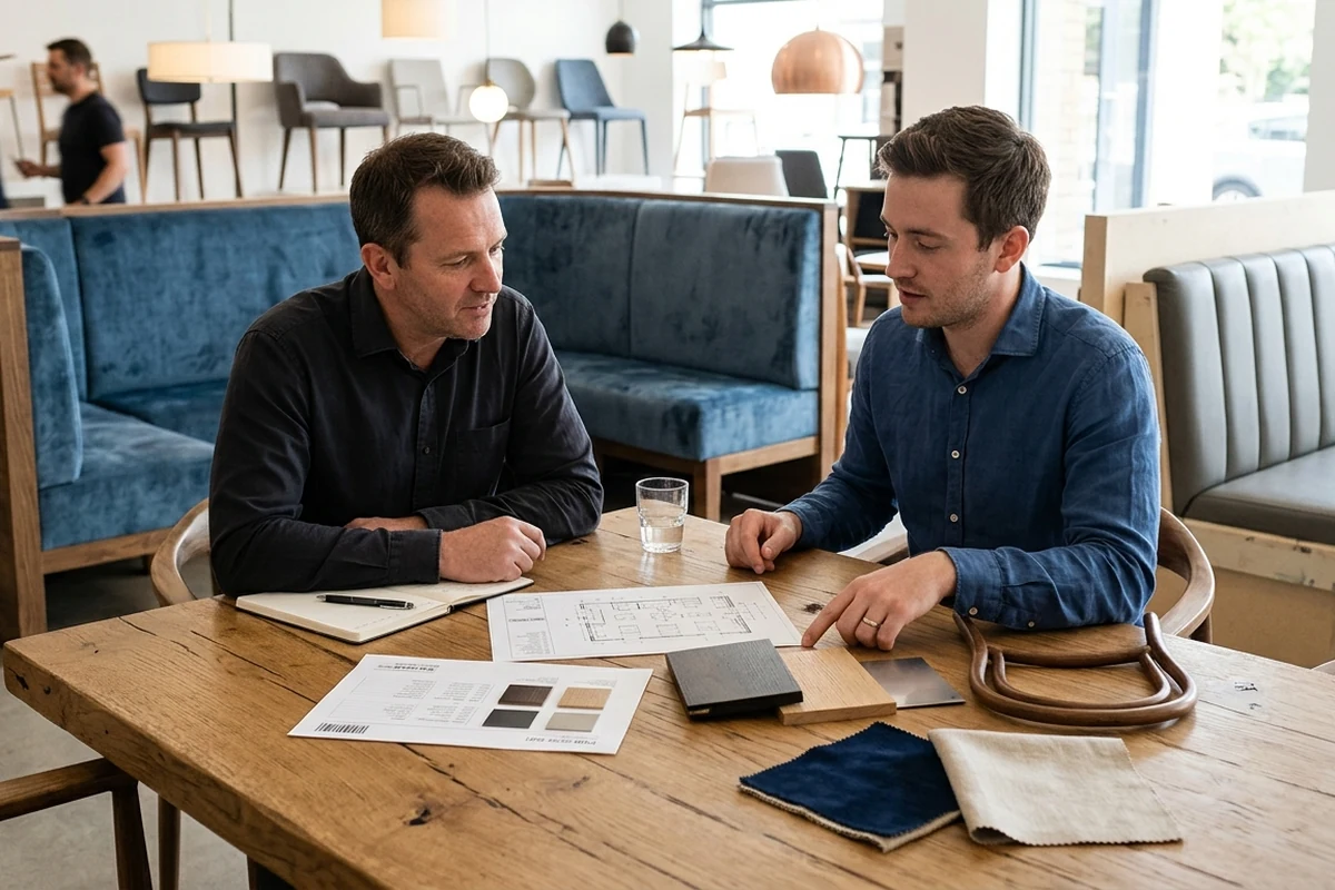 Two men reviewing furniture material samples and floor plans at a wooden table in a showroom setting.