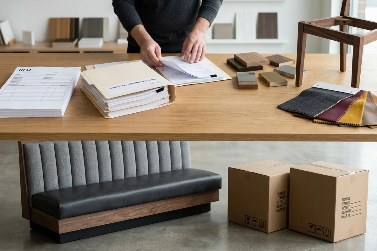 A designer reviewing material samples and an RFQ document on a large wooden table, surrounded by fabric swatches, wood blocks, and packaged furniture components.