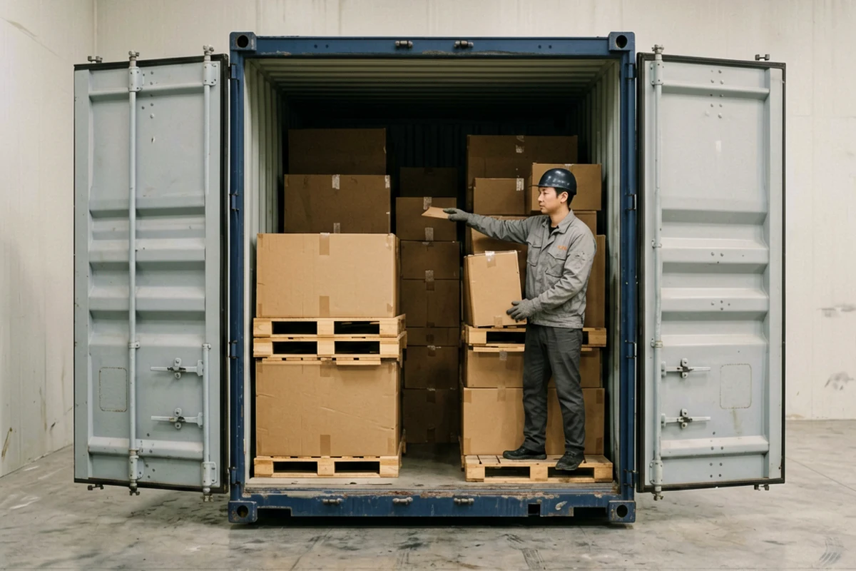 Worker standing beside stacked cartons inside an open shipping container during loading.