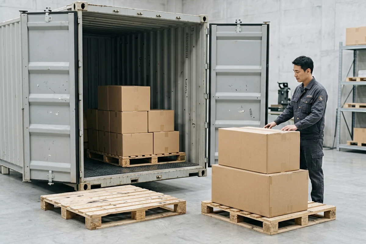Worker arranging cardboard boxes on pallets near an open shipping container in a warehouse.