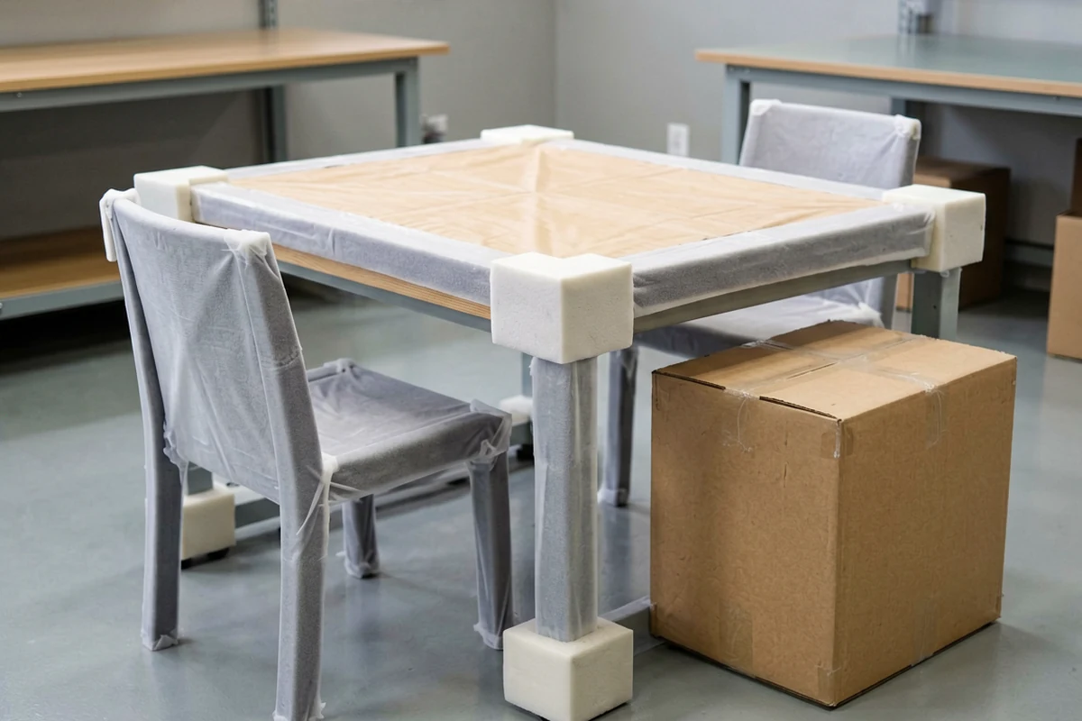 A dining table and chairs wrapped in protective padding and foam corners, prepared for container loading and consolidation.