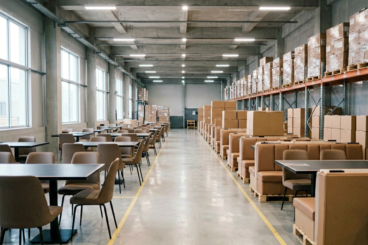 A long perspective view of a modern warehouse interior featuring rows of restaurant dining tables and chairs on the left and palletized furniture boxes on the right, illustrating logistics and consolidation.