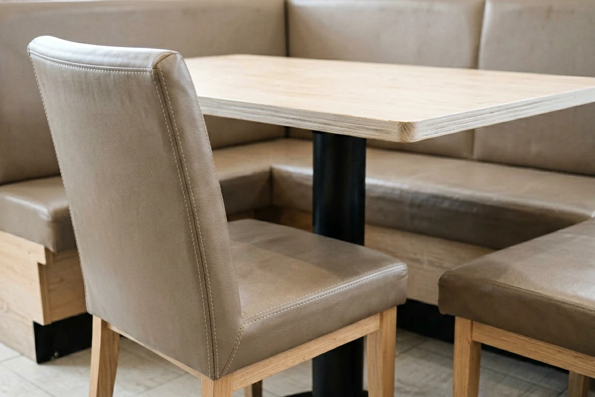 Close-up of a beige upholstered dining chair next to a light wood table and matching booth seating in a restaurant setting.