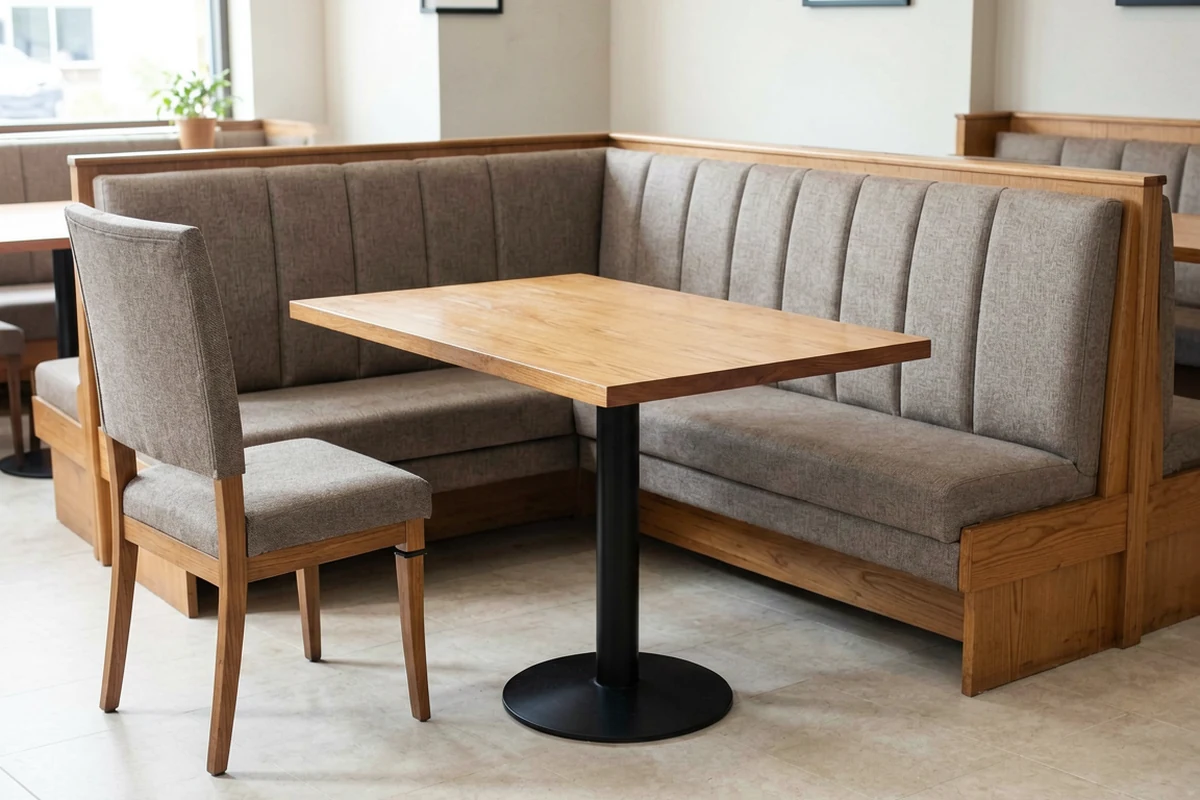 Modern restaurant interior featuring a wooden dining table with a black pedestal base, surrounded by an upholstered corner booth and a matching wooden chair.