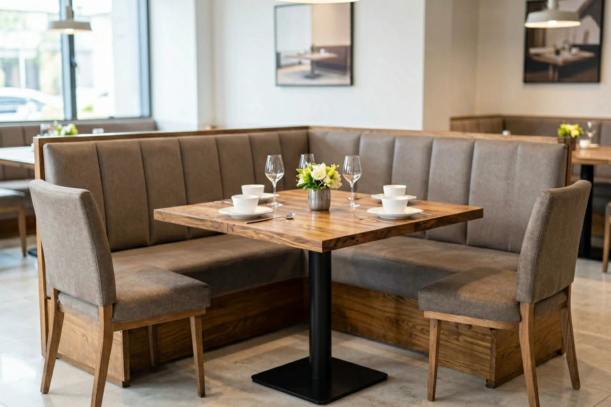 Modern restaurant dining area featuring a wooden table set for two with wine glasses and white crockery, flanked by upholstered chairs and a corner banquette booth.