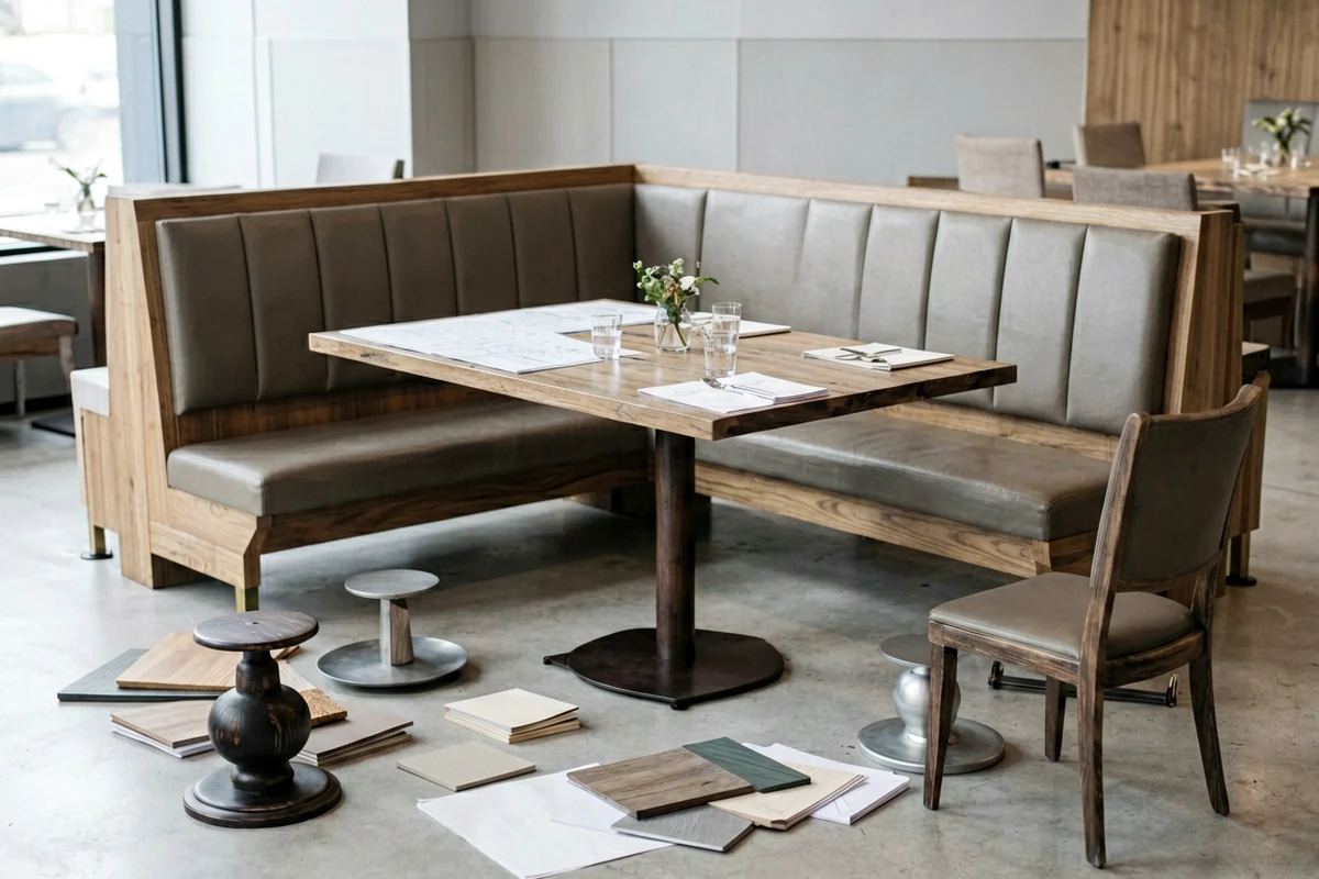 A modern restaurant booth seating area with wooden tables and grey upholstered benches, surrounded by scattered material samples and furniture legs on the floor.