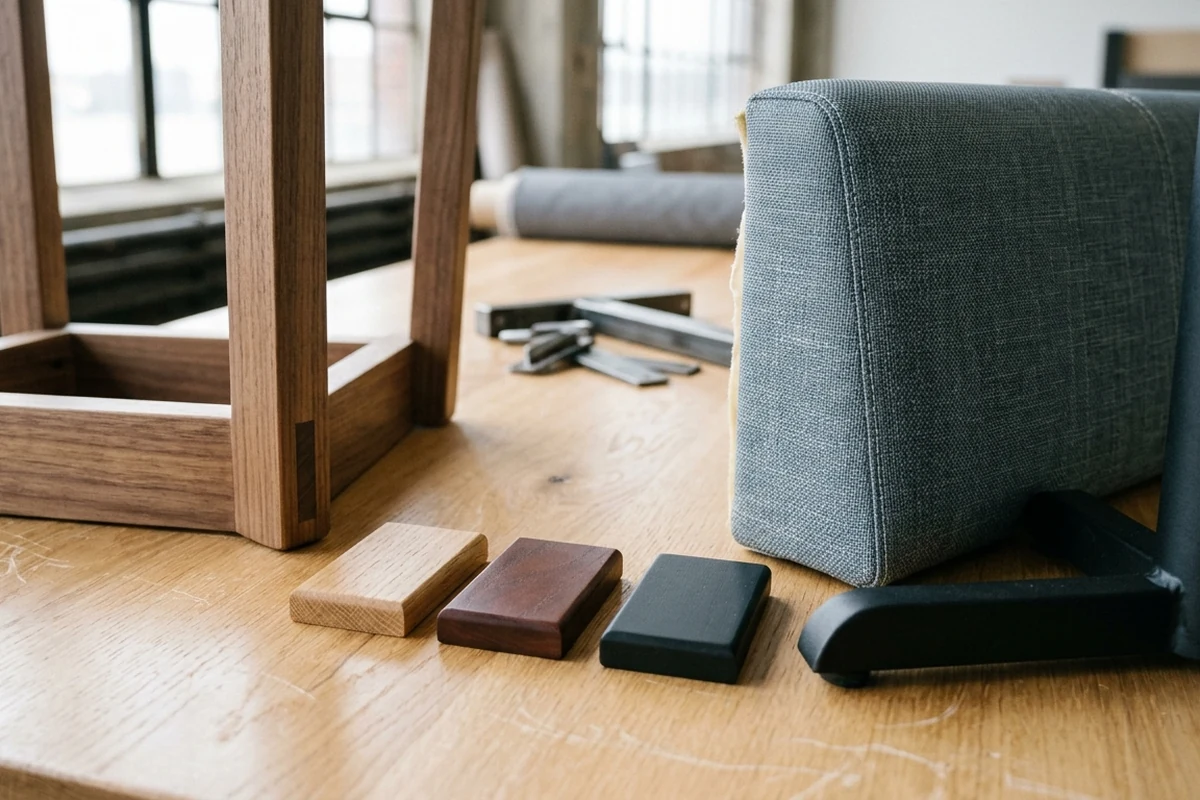 Close-up of wooden chair frames and upholstery fabric samples on a workbench in a furniture manufacturing workshop.