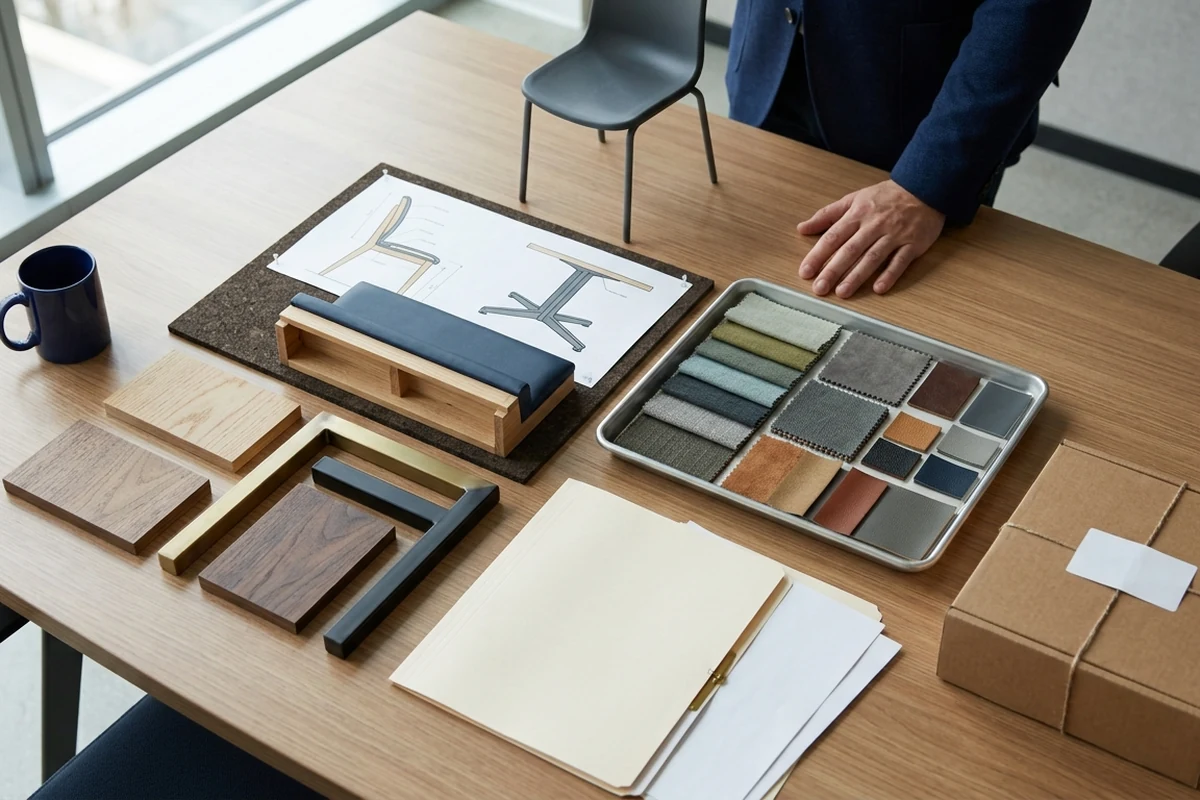 Close-up of a wooden table displaying various furniture material samples including wood swatches, fabric textures, metal hardware, and technical drawings, representing supplier evidence for restaurant furniture manufacturing.
