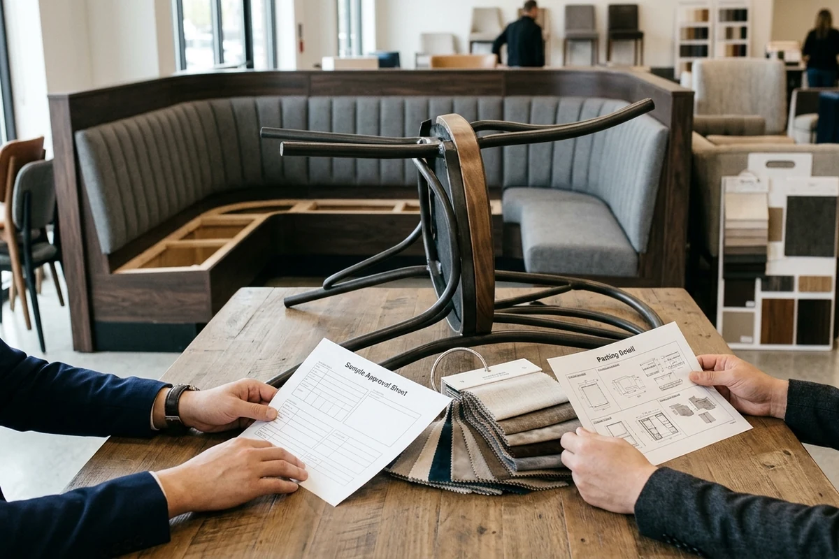 Two professionals reviewing fabric swatches and furniture specifications on a wooden table with a custom restaurant booth in the background.