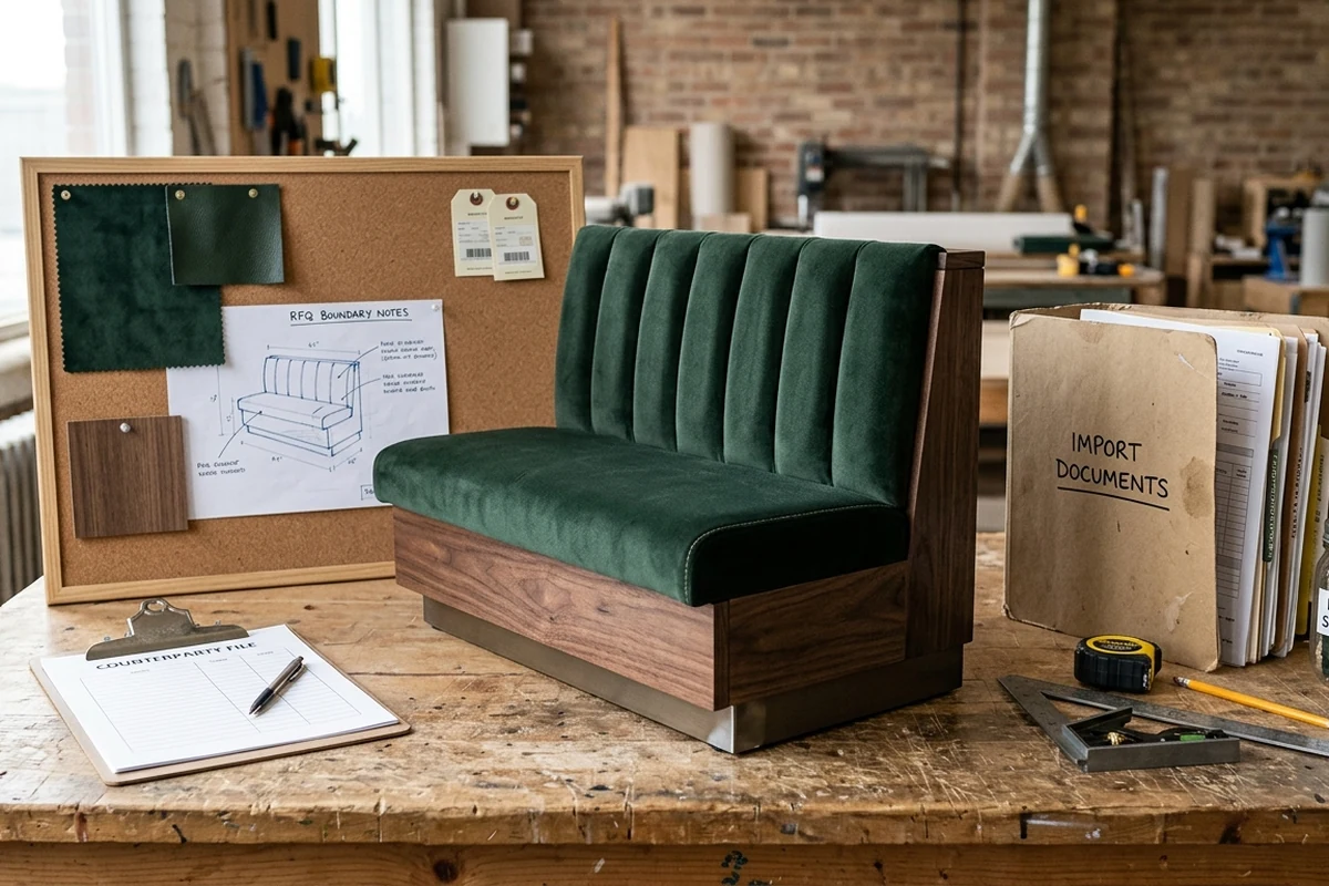 A green velvet and walnut restaurant booth on a workshop table next to an RFQ document and material samples.