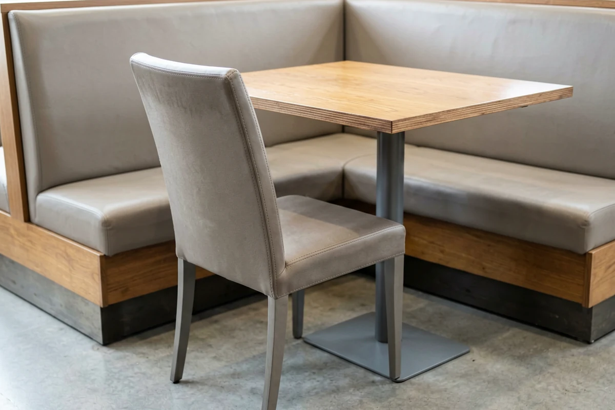 Modern restaurant booth seating with beige upholstery and a light wood table paired with a matching upholstered chair.