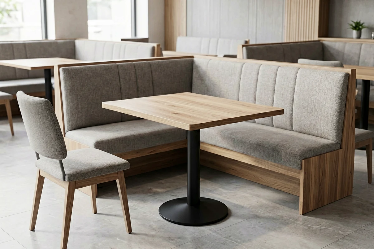 Modern restaurant booth seating with light wood tables and grey upholstered benches in a bright commercial dining space.