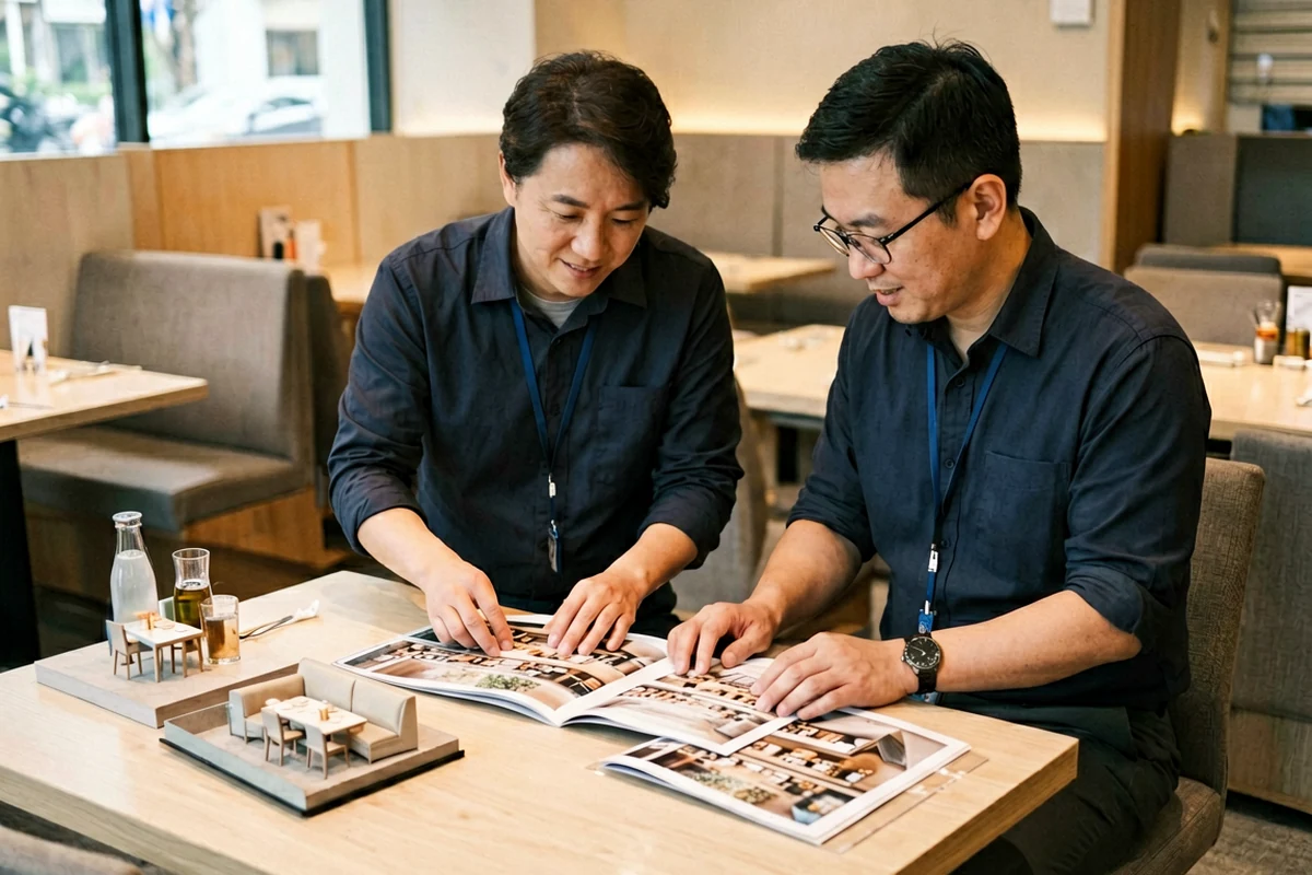 Two male designers reviewing a catalog of restaurant furniture models on a table during a project consultation.