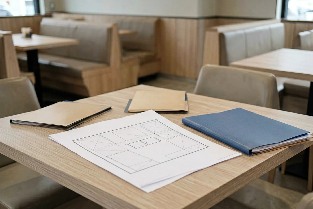 A wooden table in a restaurant setting displaying architectural floor plans and material sample folders, illustrating the furniture selection and layout planning process.