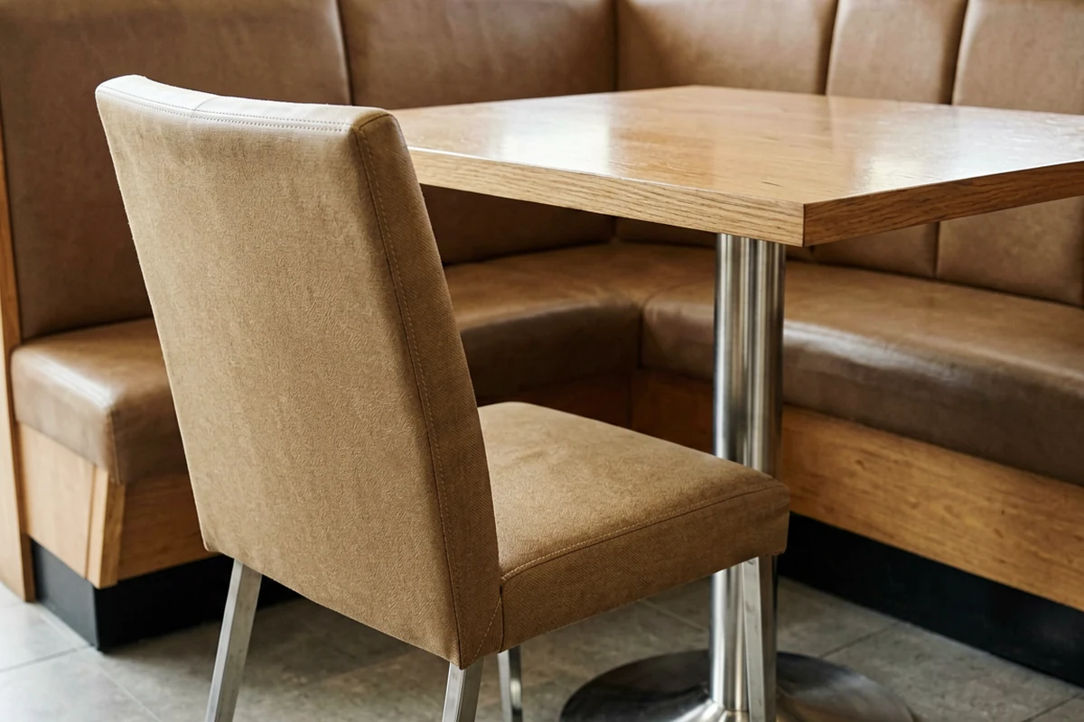 Close-up of a beige upholstered dining chair next to a wooden table and brown leather booth seating in a restaurant setting.