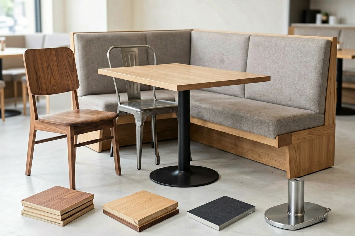 A display of commercial restaurant furniture including a wooden table with black pedestal base, upholstered corner booth seating, and two different styles of chairs, accompanied by material sample swatches on the floor.