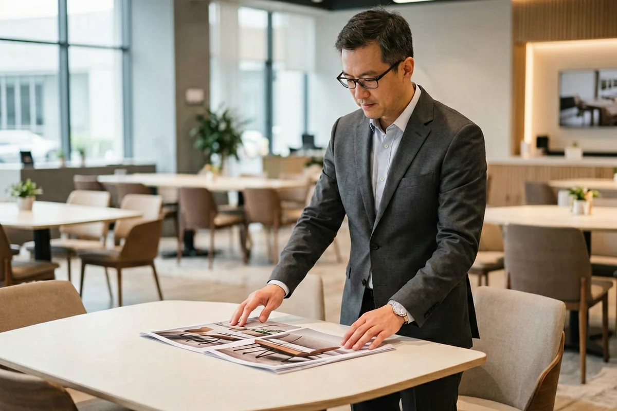 Professional man in a grey suit reviewing furniture catalog on a modern white table in a spacious showroom.