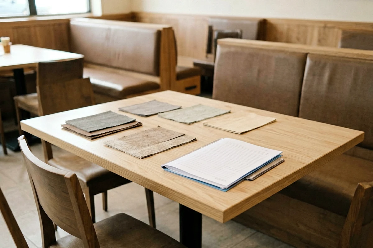 Light wood dining table displaying various fabric swatches and a notebook, set within a restaurant showroom featuring upholstered booths.
