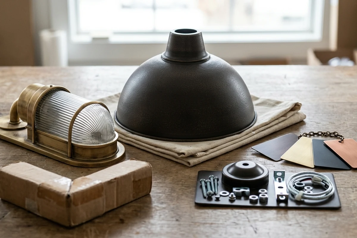 Hospitality lighting fixture schedule components including brass sconce, matte black dome pendant, finish samples, and installation hardware on a wooden table.