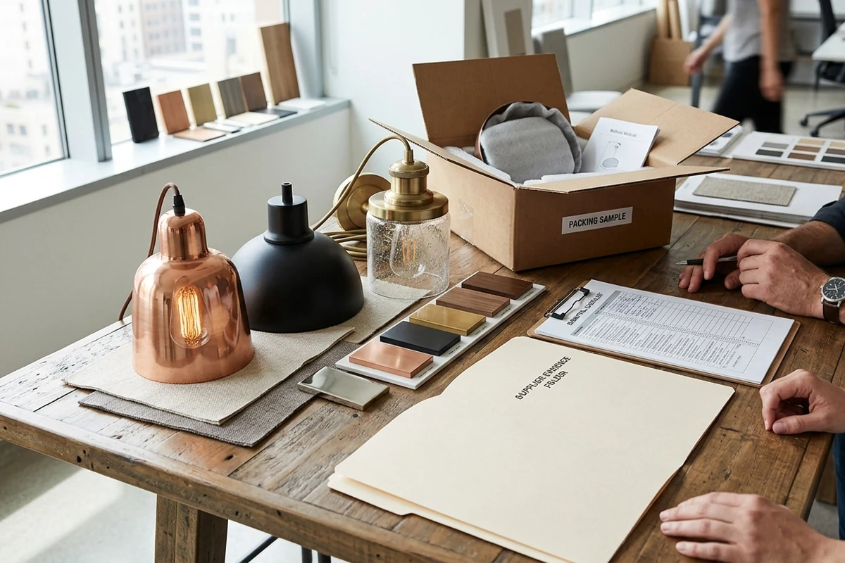 A close-up view of a wooden table during a supplier review meeting for restaurant lighting. The table displays various lighting fixtures including copper and black pendants, material swatches for finishes, a clipboard with a fixture schedule document, and a box labeled 'Packing Sample'. Two professionals' hands are visible reviewing the documents.